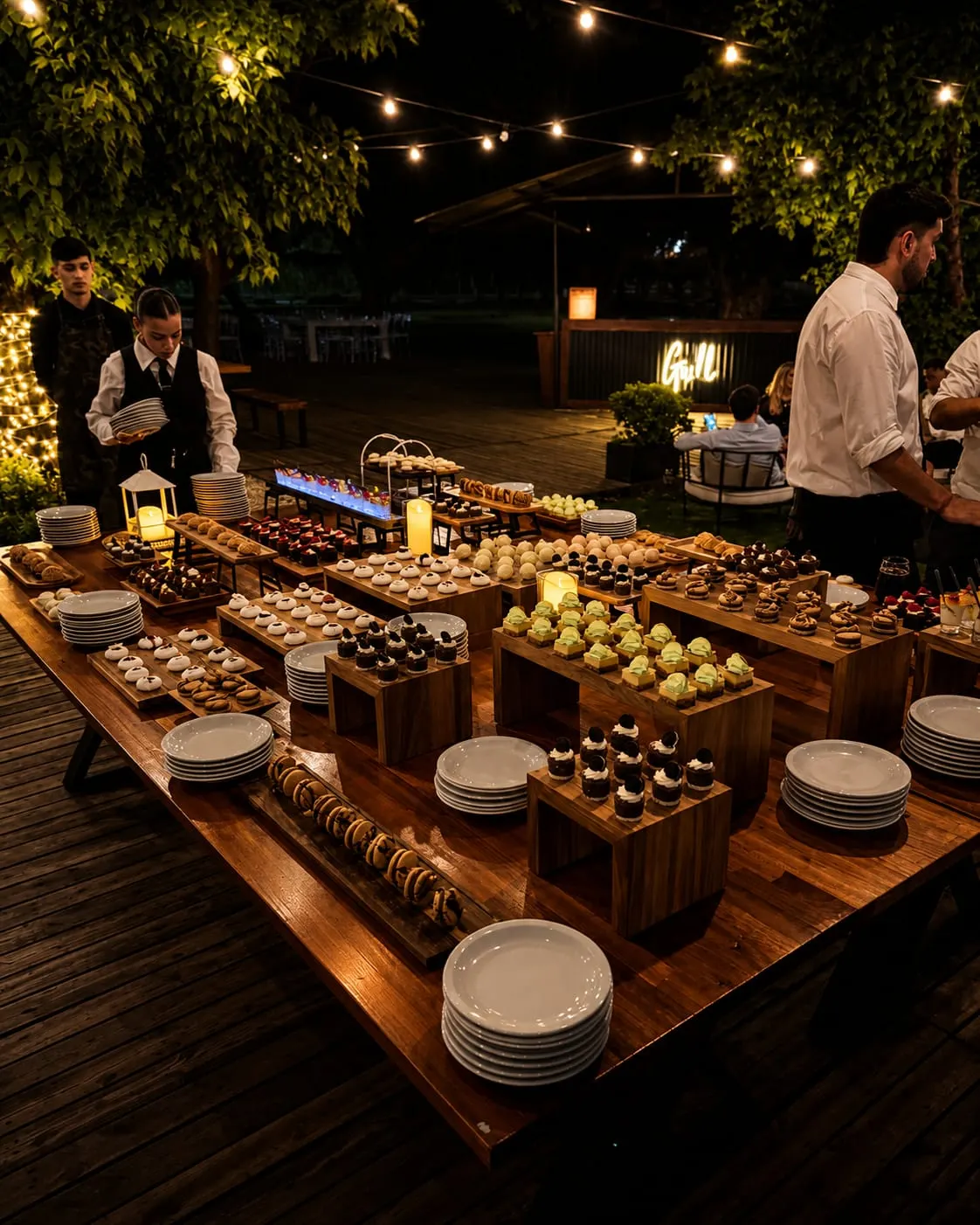 Mesa dulce en evento al aire libre con servicio de mozos