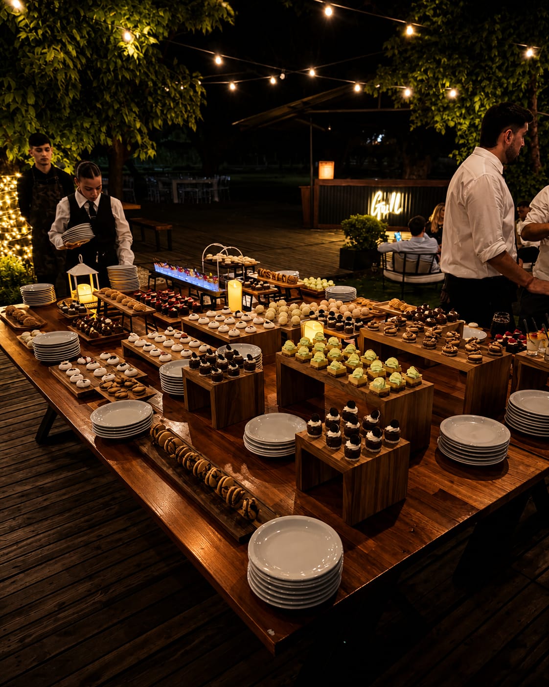 Mesa dulce en evento al aire libre con servicio de mozos